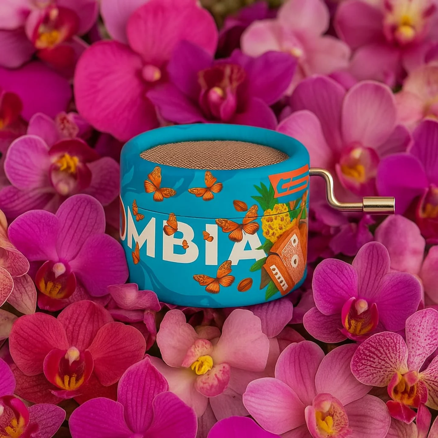 cajita musical con fondo de flores rosadas