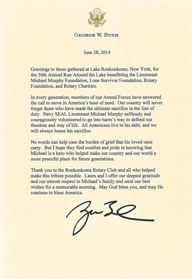A letter from george w. bush with a signature on it.