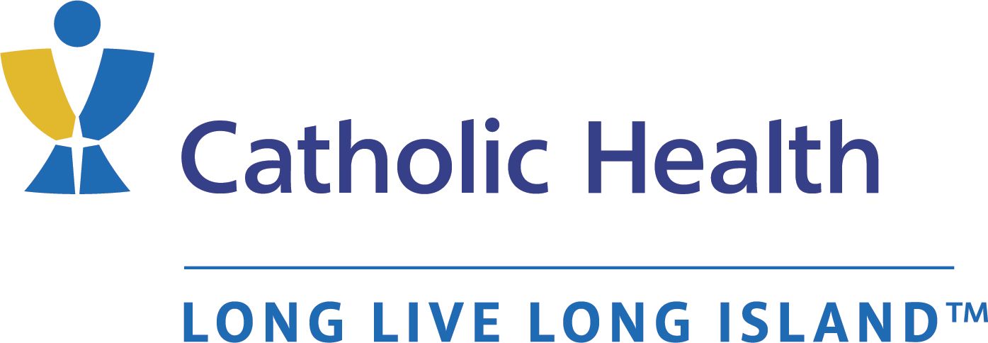 A blue and yellow logo for catholic health