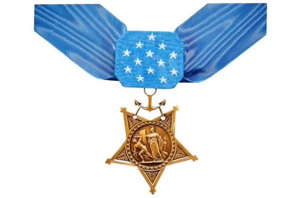 A medal with a blue ribbon and stars on it