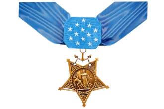 A medal with a blue ribbon and stars on it