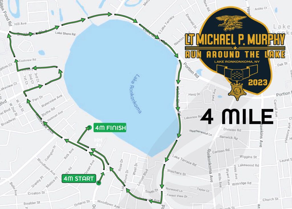 A map showing a 4 mile run around a lake