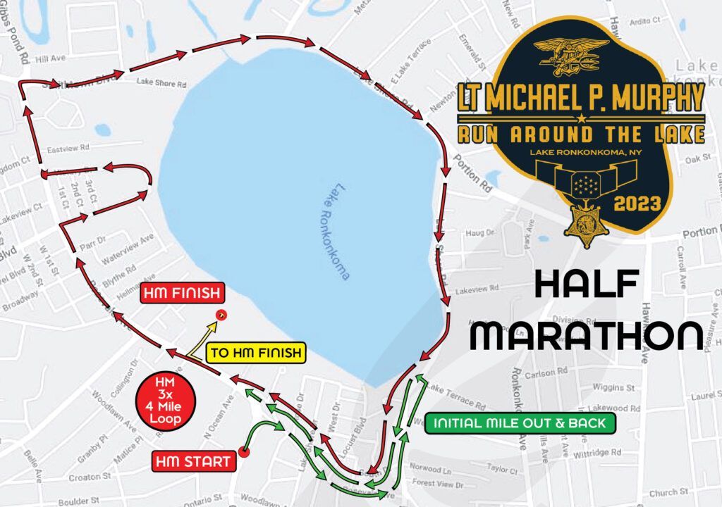 A map of a half marathon with a lake in the background.