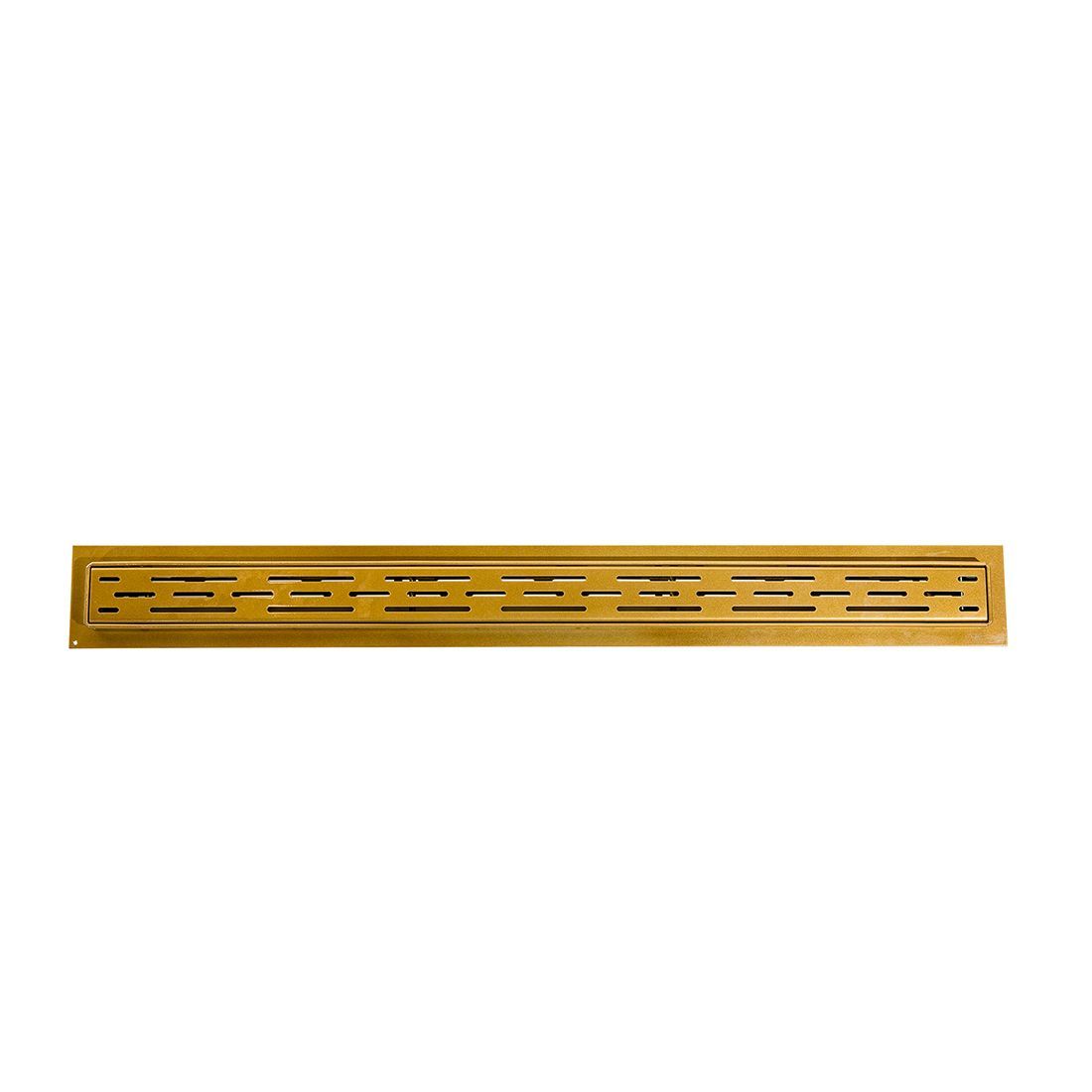 Lange, rechthoekige, goudkleurige douchegoot met sleufvormig design.