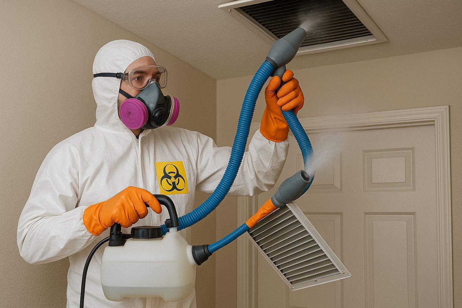 A technician in a protective suit and respirator sprays disinfectant into a ceiling air vent.