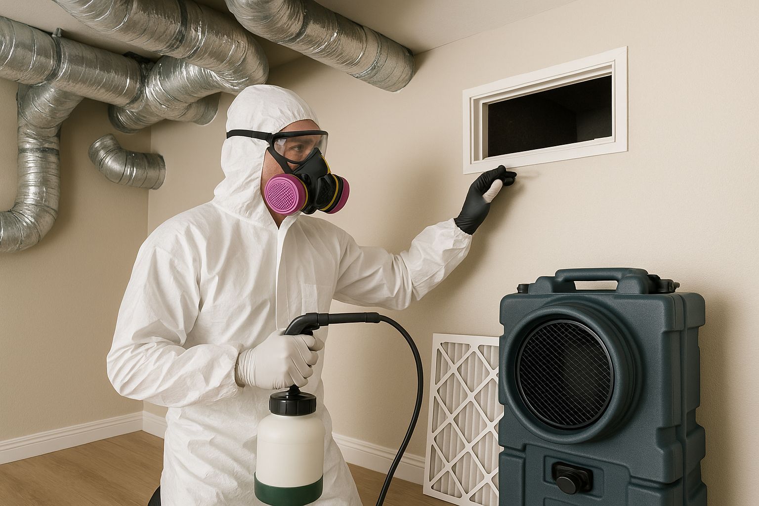 Professional in protective gear and a respirator sprays a disinfectant into a wall vent near a portable air scrubber.