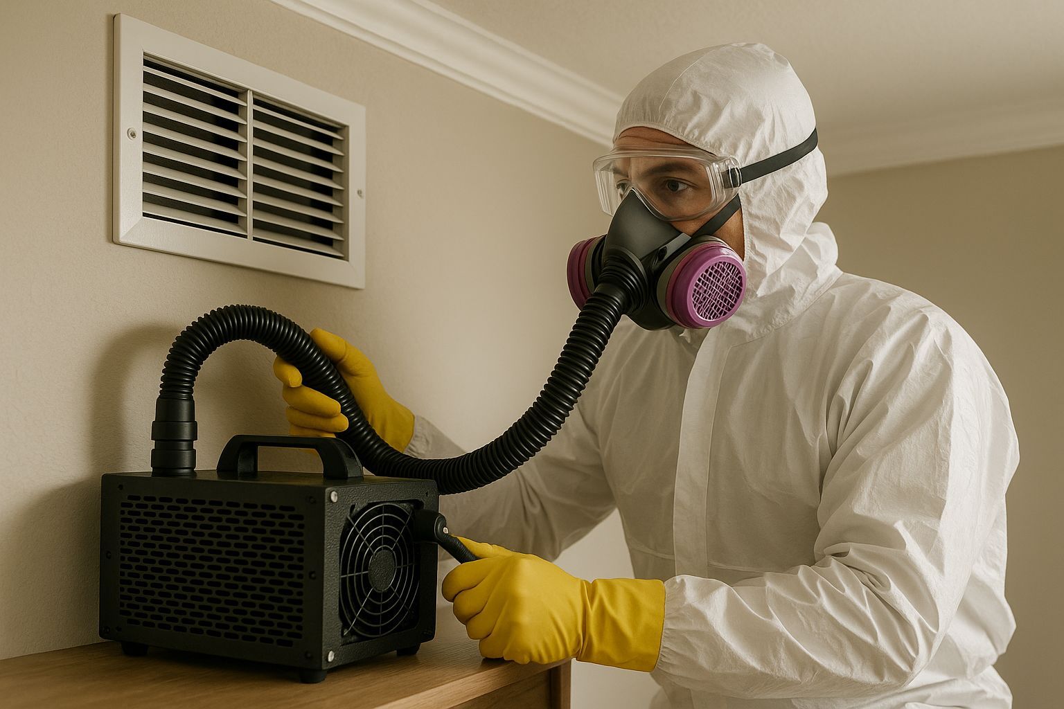 A person in a white hazmat suit and respirator holds a hose connected to an ozone generator near an air vent.