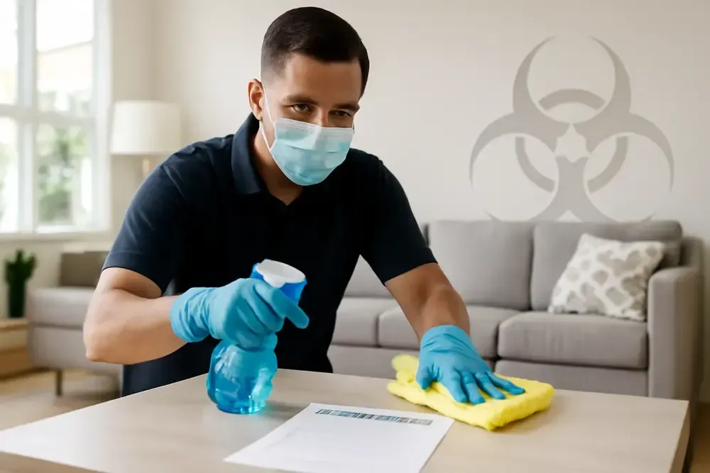 Man wearing a face mask and gloves cleaning a table with spray bottle and cloth in a living room.