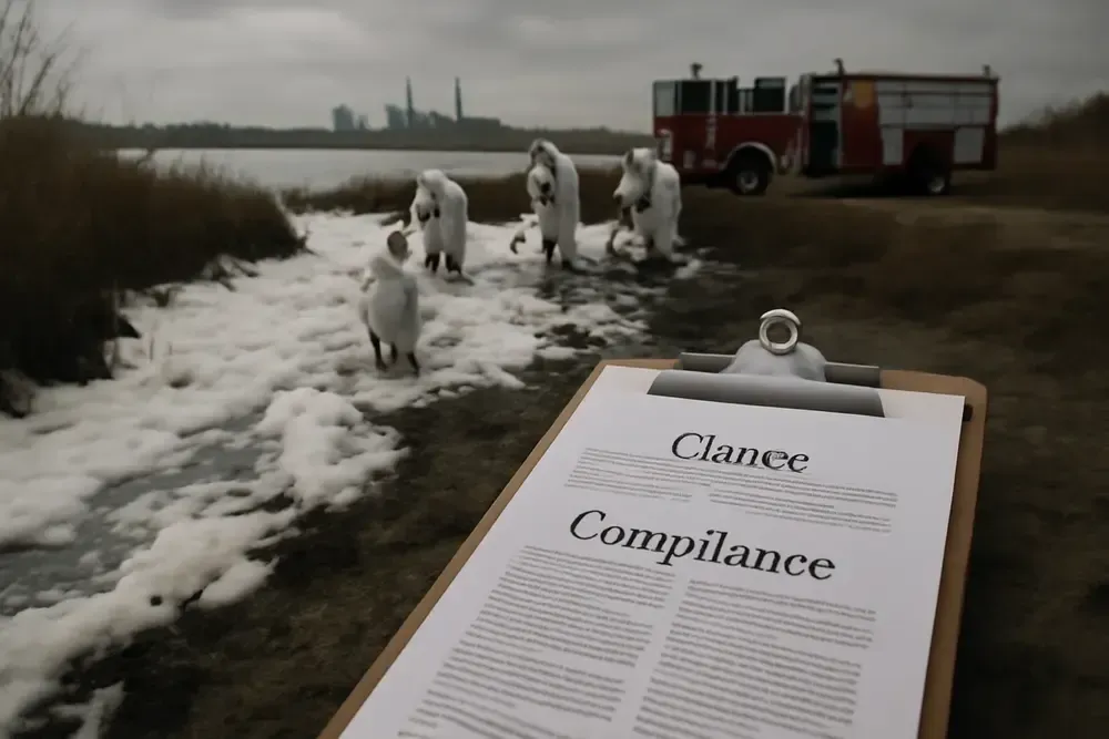 People in hazmat suits investigate contaminated water near a fire truck and industrial site. 