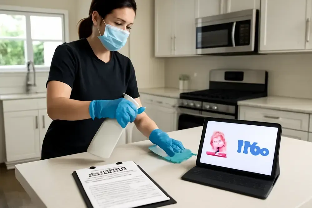 Woman in mask and gloves cleans kitchen countertop with spray bottle