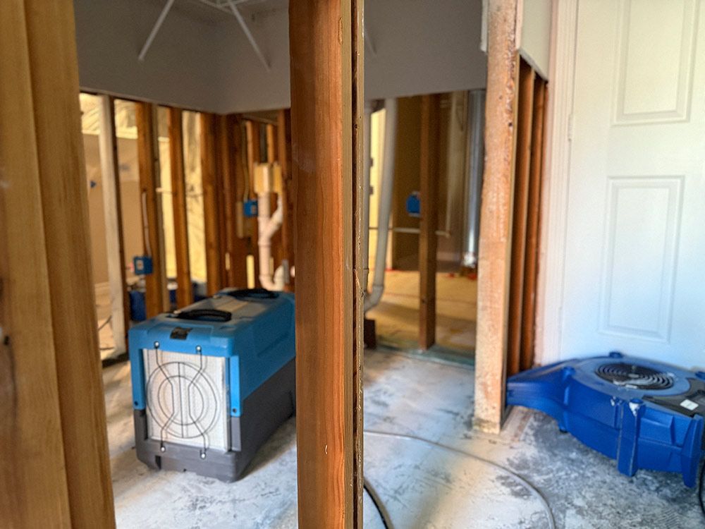 Room undergoing renovation with exposed studs, two dehumidifiers, and open doorways.
