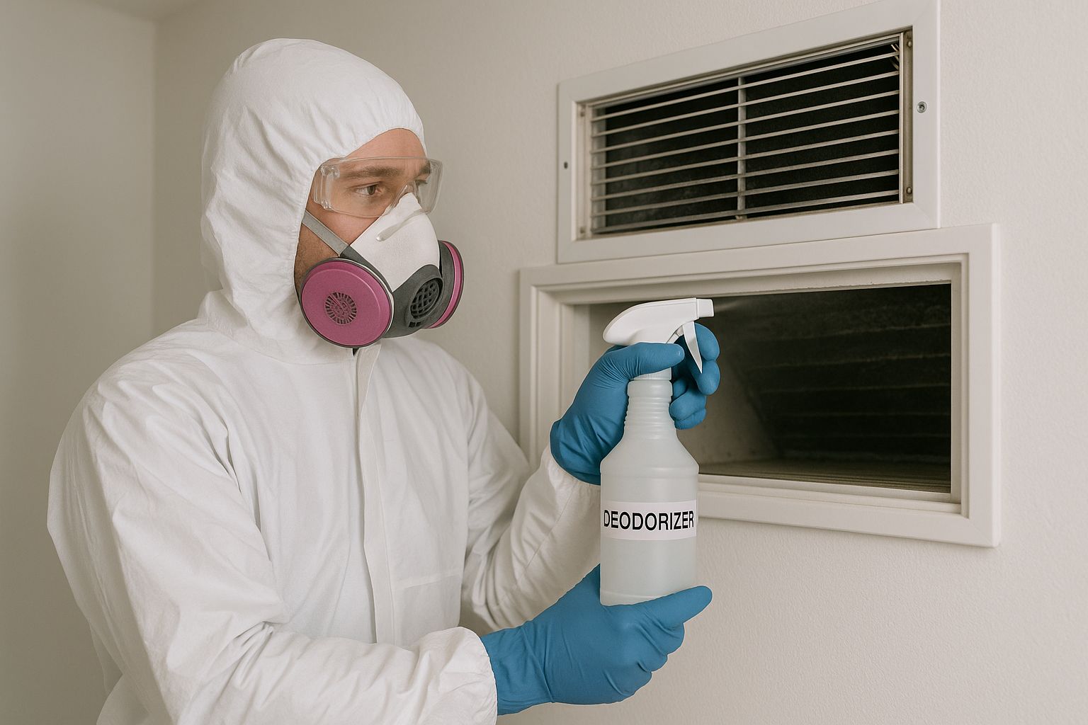 A person in protective gear and a respirator sprays into a vent.