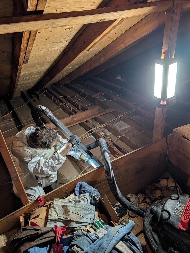 Person in protective suit cleaning attic with vacuum hoses.