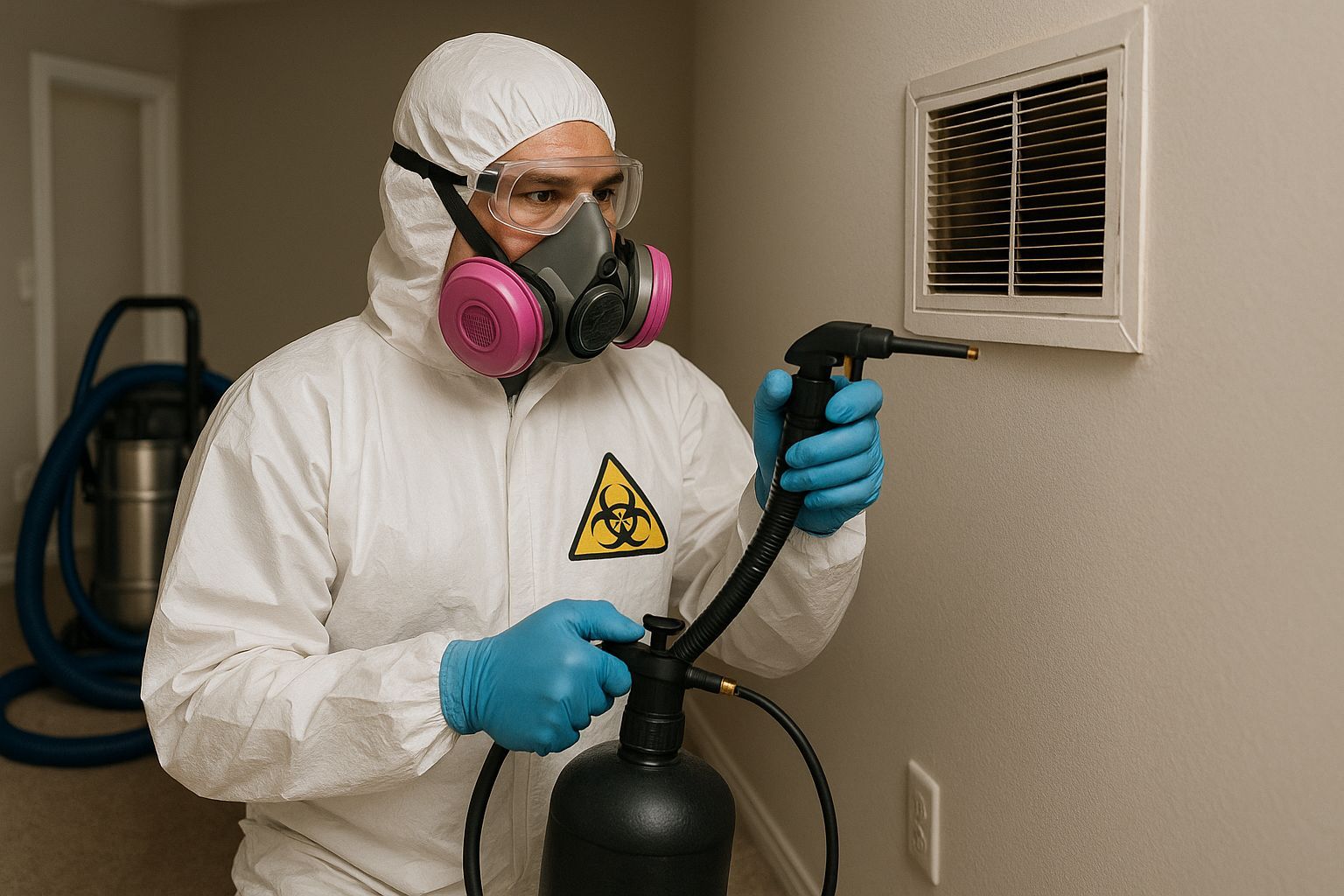 A person in a white hazmat suit