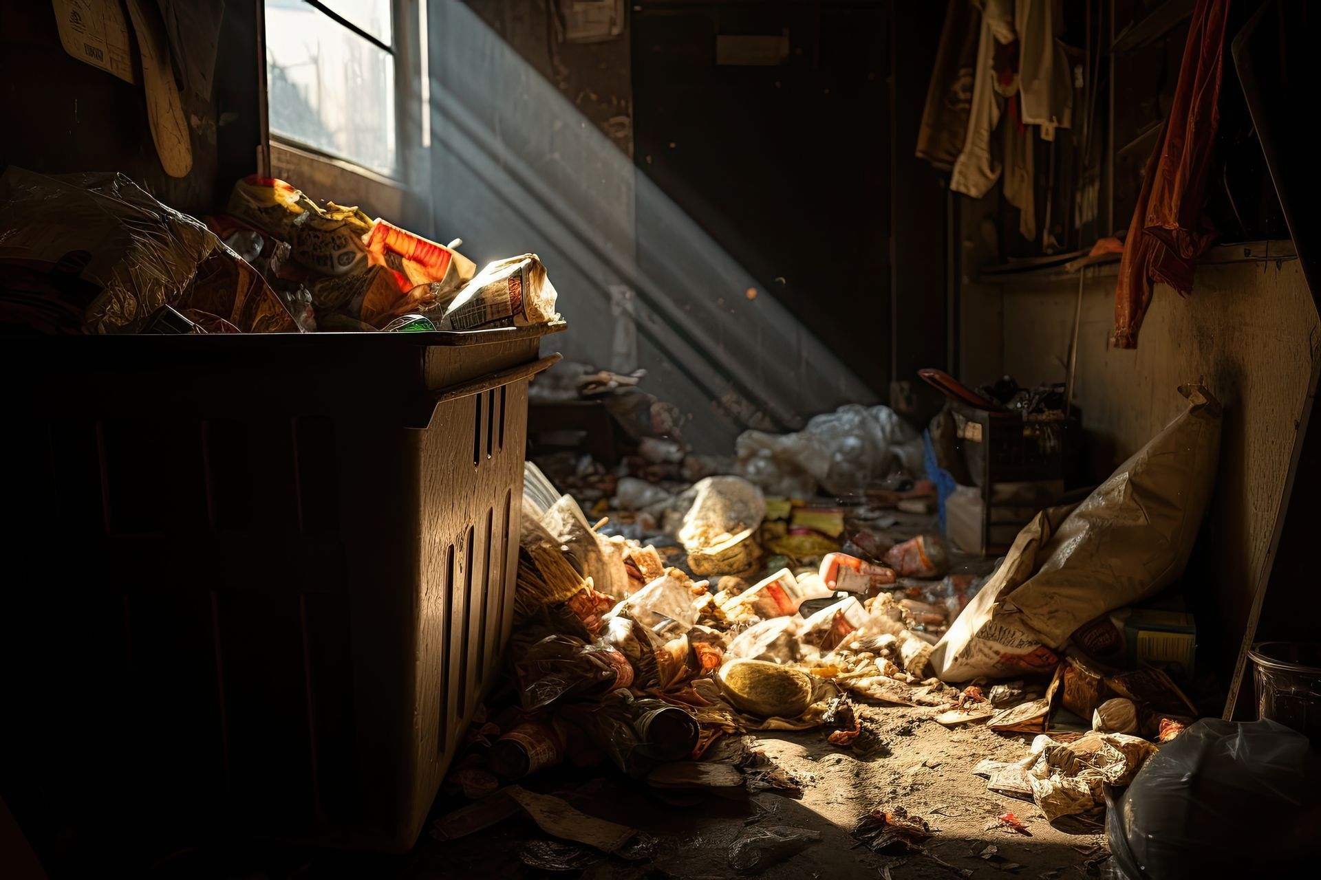 The sun is shining through the window in a room filled with trash.