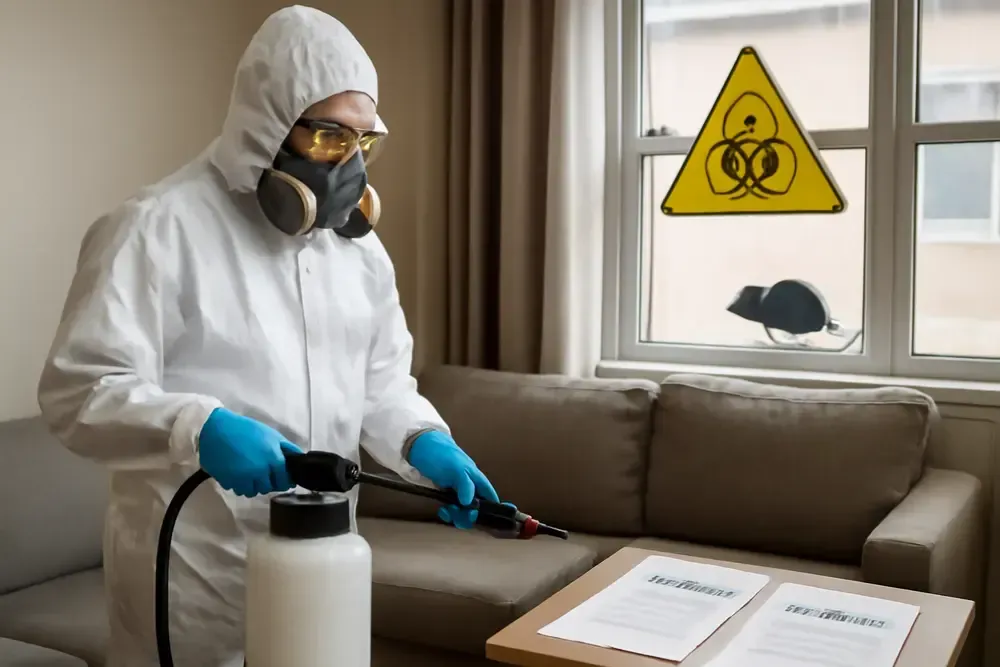 worker in hazmat suit cleaning in house