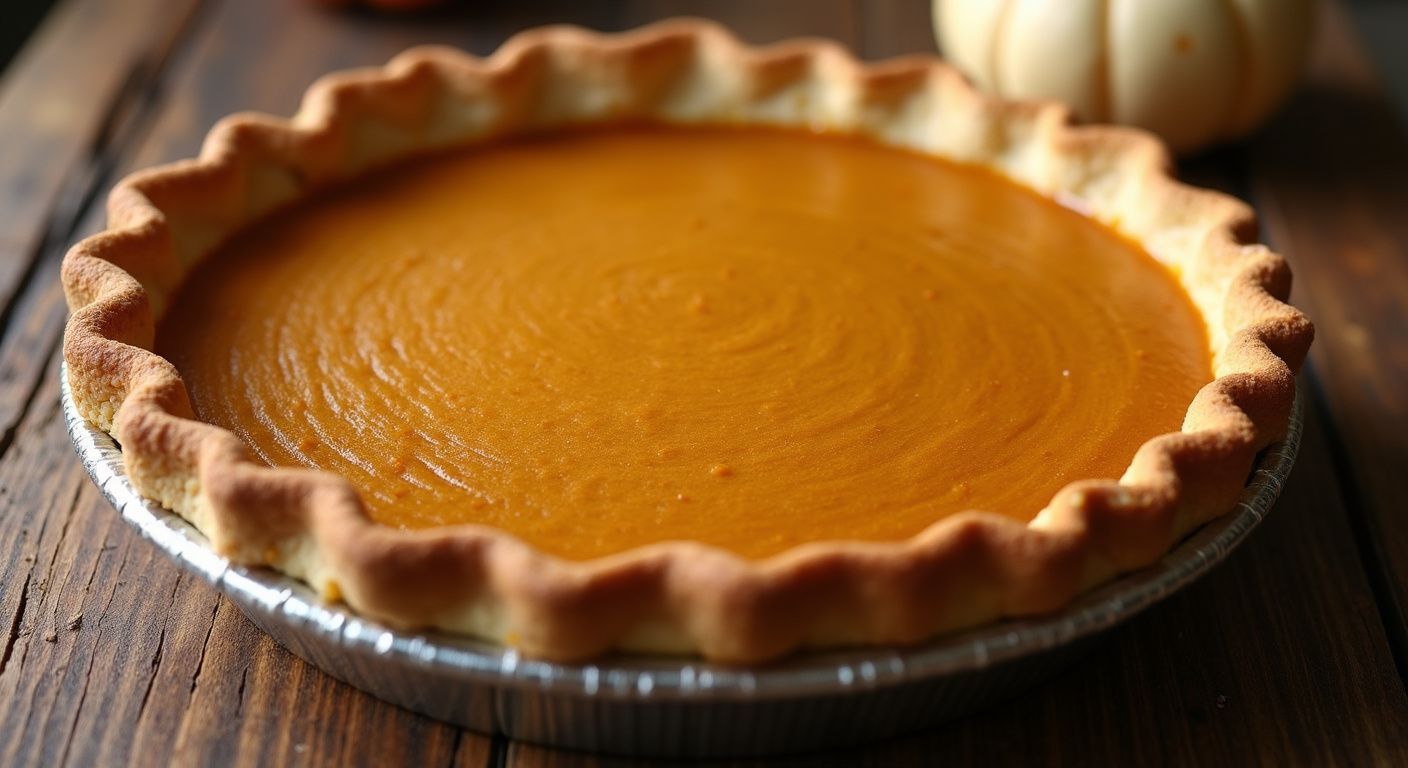 Pumpkin pie in a silver tin on a wooden surface, with a small pumpkin in the background.