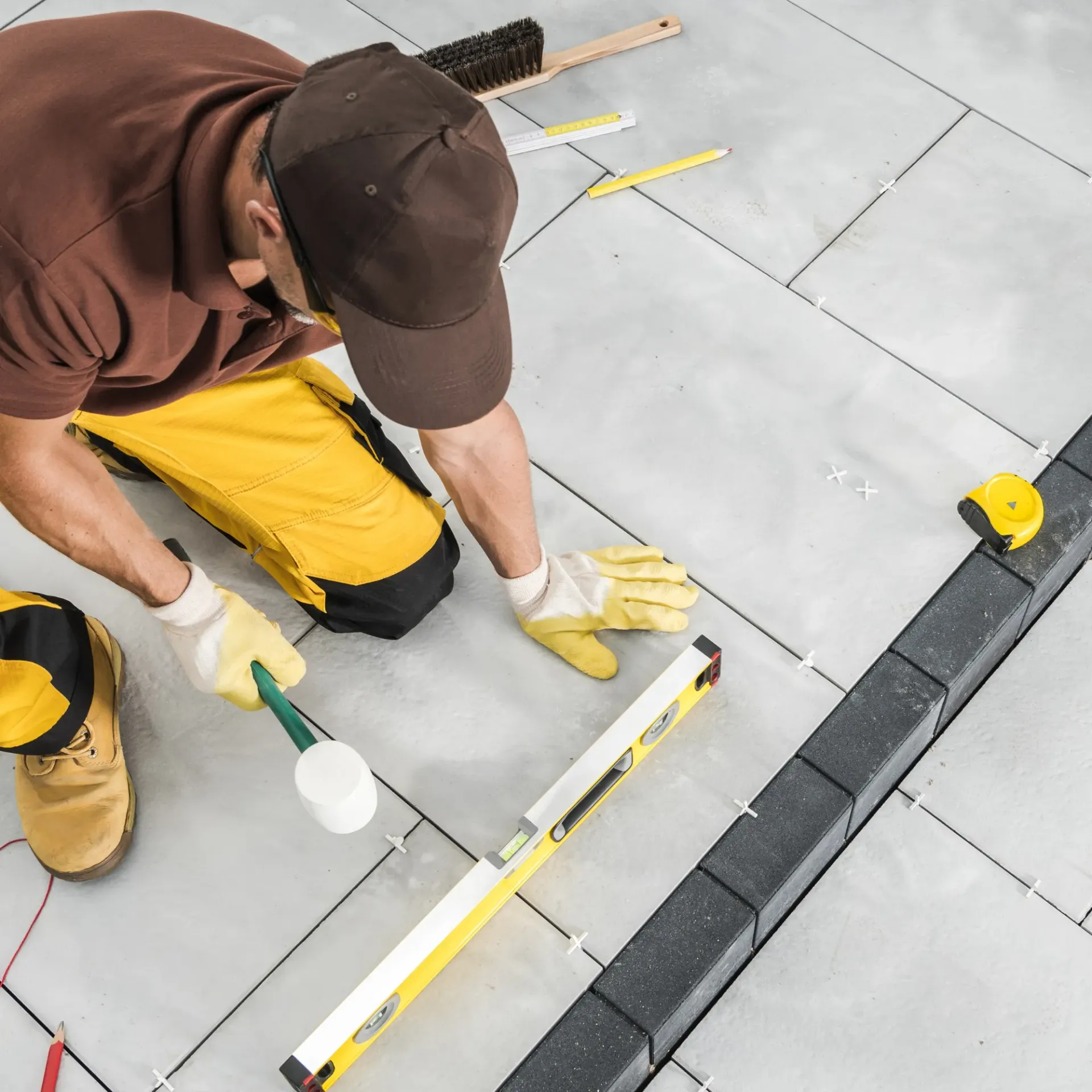 Brothers Landscaping - A man is measuring a tile floor with a level