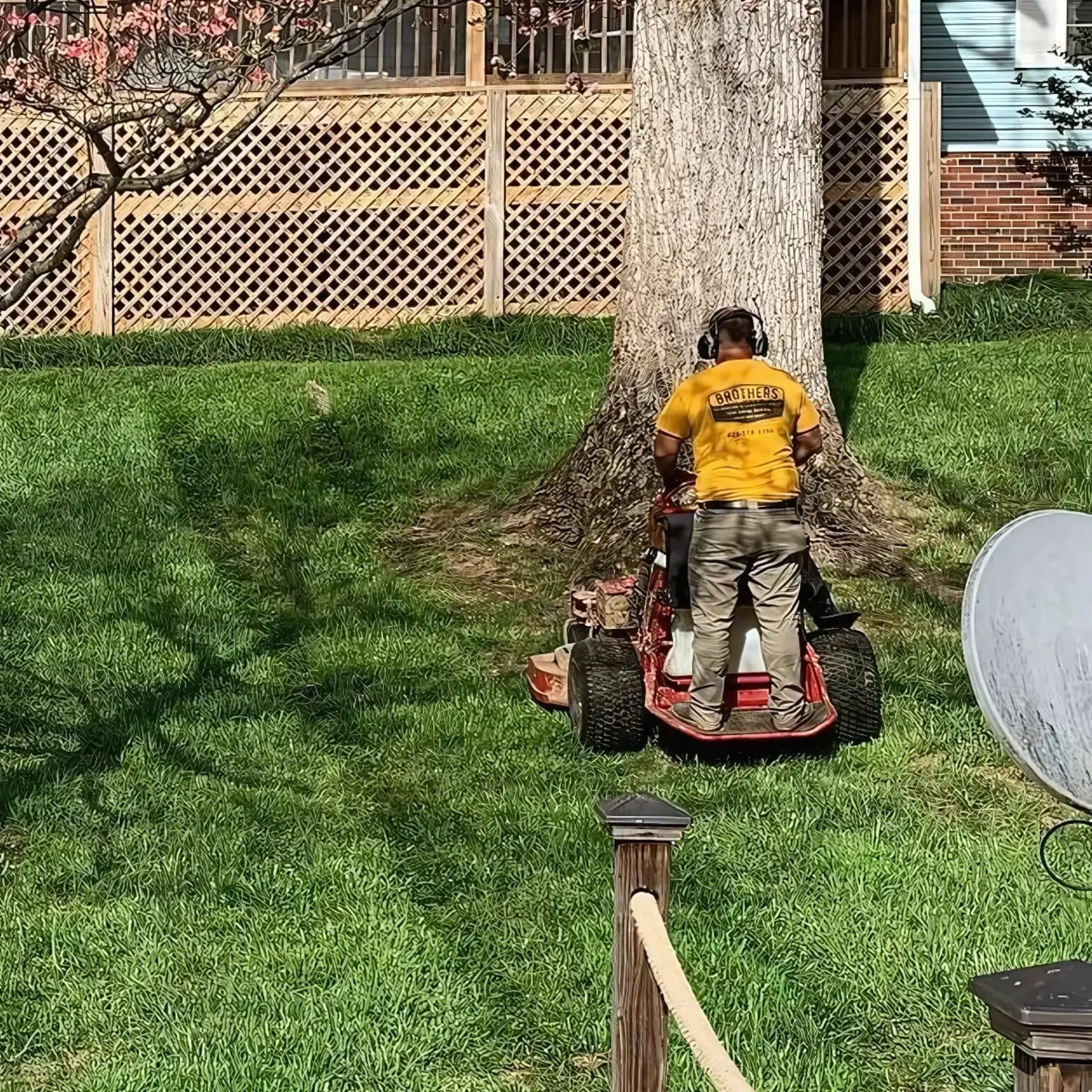 Brothers Landscaping - A man is riding a lawn mower in a yard next to a tree.