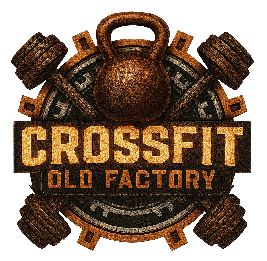Logo for CrossFit Old Factory in Flurlingen: Kettlebell, dumbbells, gears, brown, orange, and text.