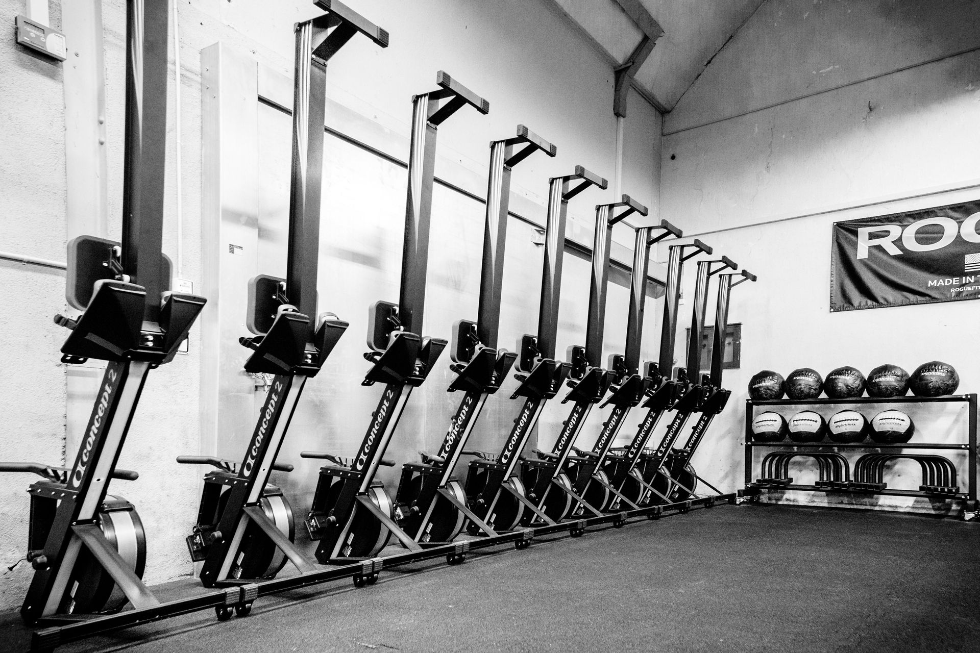 Reihe von Rudermaschinen in einem Fitnessstudio mit Gewichten, Rogue-Banner.