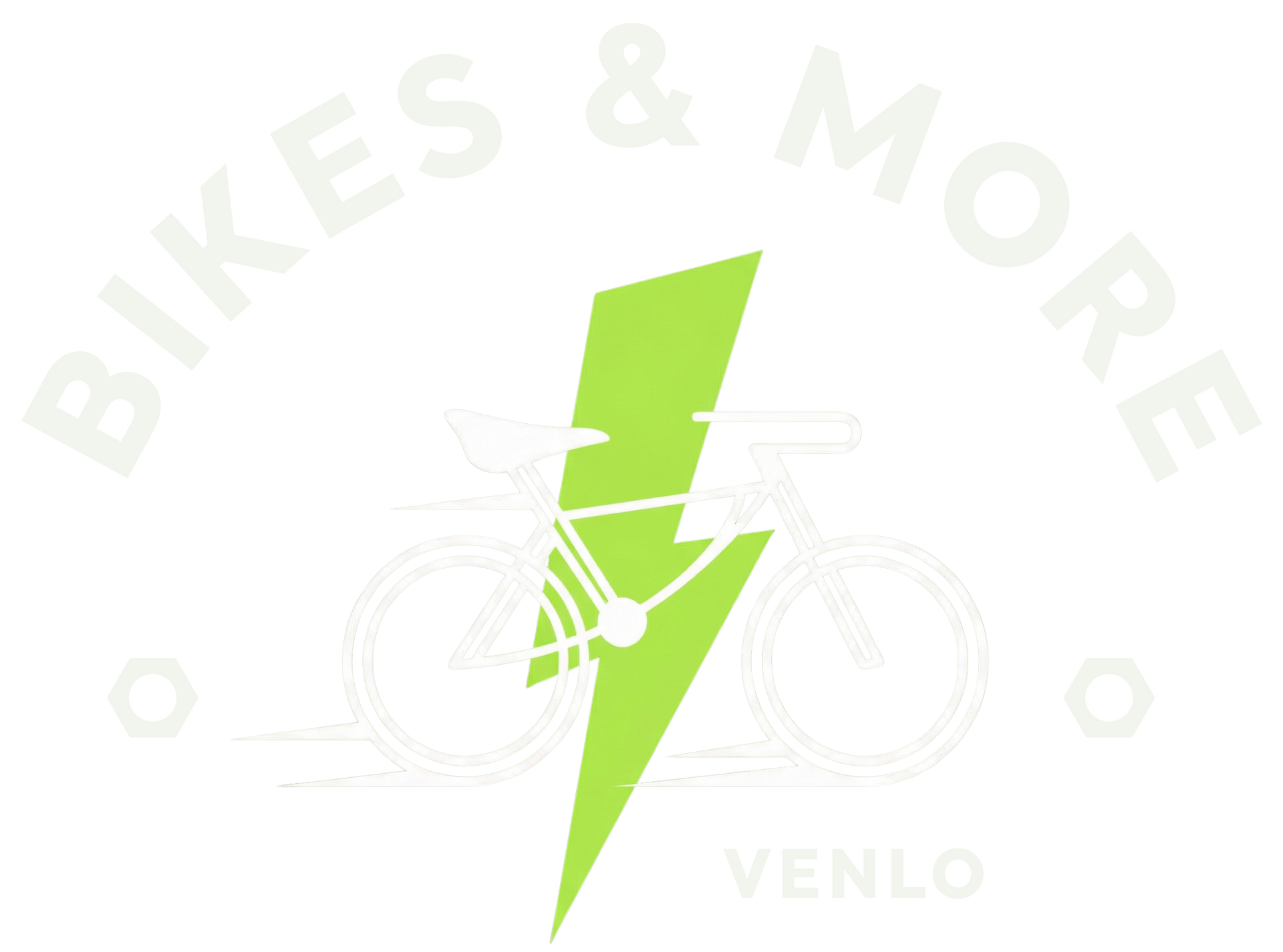 Logo voor Bikes & More in Venlo, met een fietssilhouet, een groene bliksemflits en tekst.