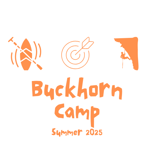 Buckhorn Summer Camp Logo with paddleboard, archery target, and rock climbing