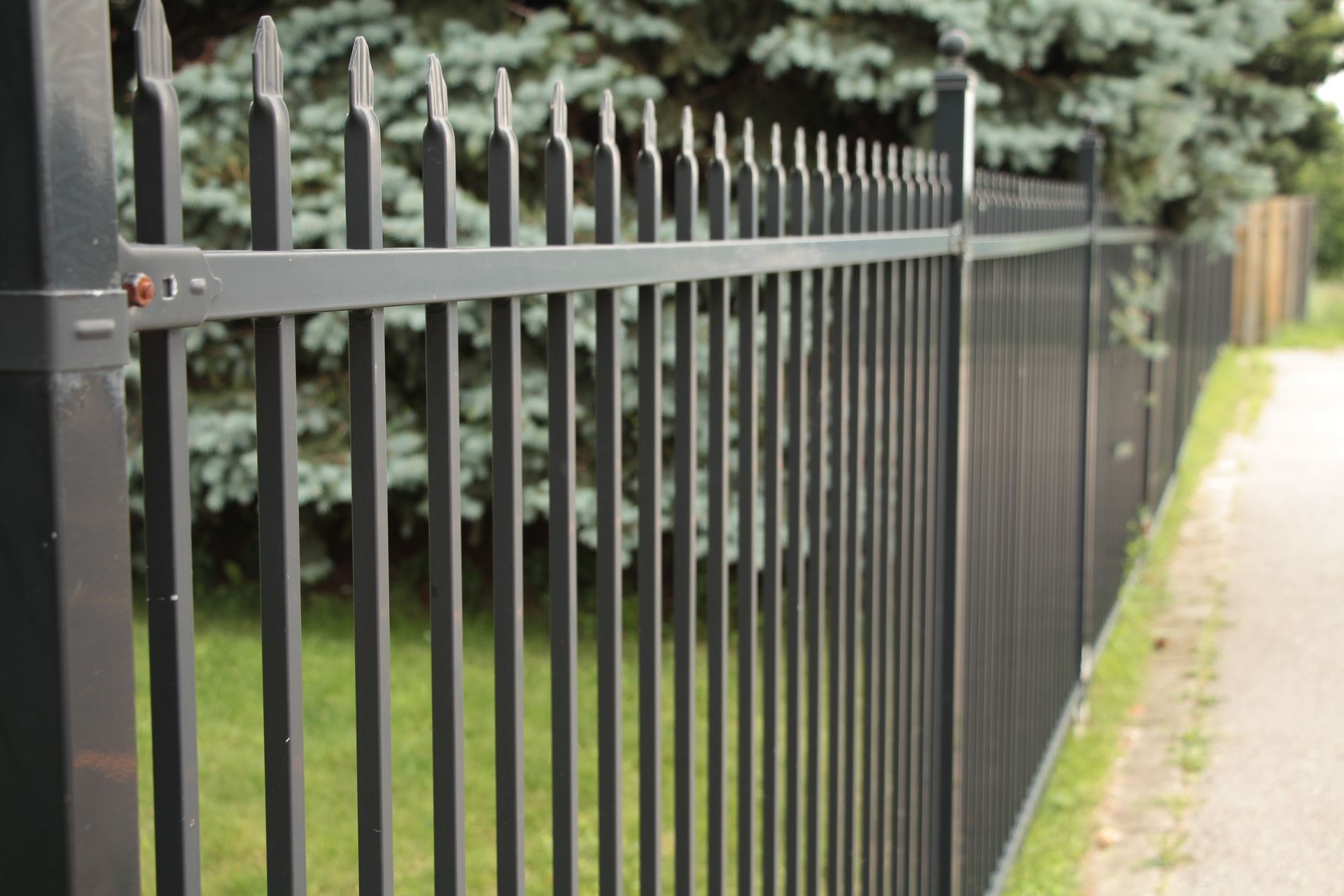 Black metal fence with pointed tops alongside a sidewalk and greenery