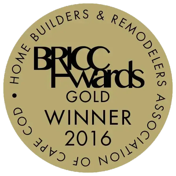 BRICC Awards Gold Winner 2016 circular gold logo for Home Builders & Remodelers Association of Cape Cod