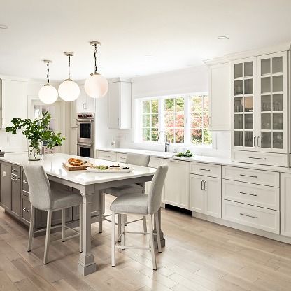 Bright white modern kitchen with island, stools, pendant lights, and large windows