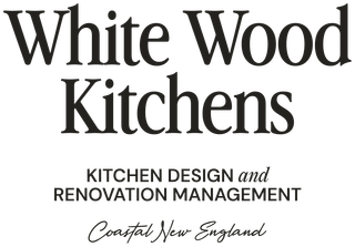 White Wood Kitchens logo with kitchen design and renovation management text, Coastal New England subtitle