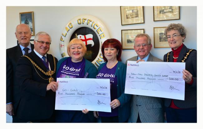 Left to right, David Harrop (New-Man Prostate Cancer Support), Cllr Kevin Brookes (Mayor), Hilary Maxwell (GO Girls), Teresa Wolff (GO Girls), Paul Nicols (New-Man Prostate Cancer Support) and Mrs Anne Brookes (Mayoress).