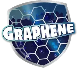 Graphene shield logo with blue honeycomb pattern and white word.