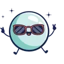 A round, blue character wearing sunglasses and making peace signs; sparkles surround it.