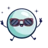 A round, blue character wearing sunglasses and making peace signs; sparkles surround it.