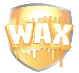 Shield-shaped logo with "WAX" in white lettering, orange drip effect, and silver outline.