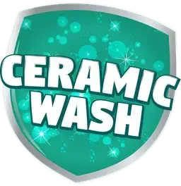 Ceramic Wash product logo: white text on a teal shield shape with sparkles.