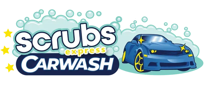 Logo for Scrubs Express Carwash: Blue car with yellow wheels and stars; white bubbles and text on a blue background.