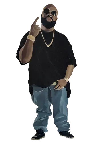 Man with a beard, black shirt, gold jewelry, and baggy jeans points upward.