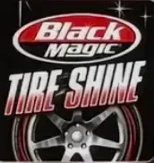Black Magic Tire Shine product label with a shiny tire graphic in red, white, and black.