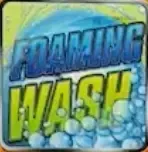 Foaming Wash sign, blue and green with bubbles, on a light orange background.