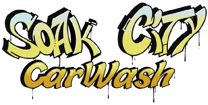 Soak City Carwash logo with yellow graffiti-style lettering, black outlines, and dripping effect.