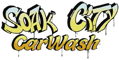 Soak City Carwash logo with yellow graffiti-style lettering, black outlines, and dripping effect.