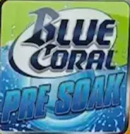 Blue Coral Pre Soak product logo with blue and green colors, stylized water and bold text.