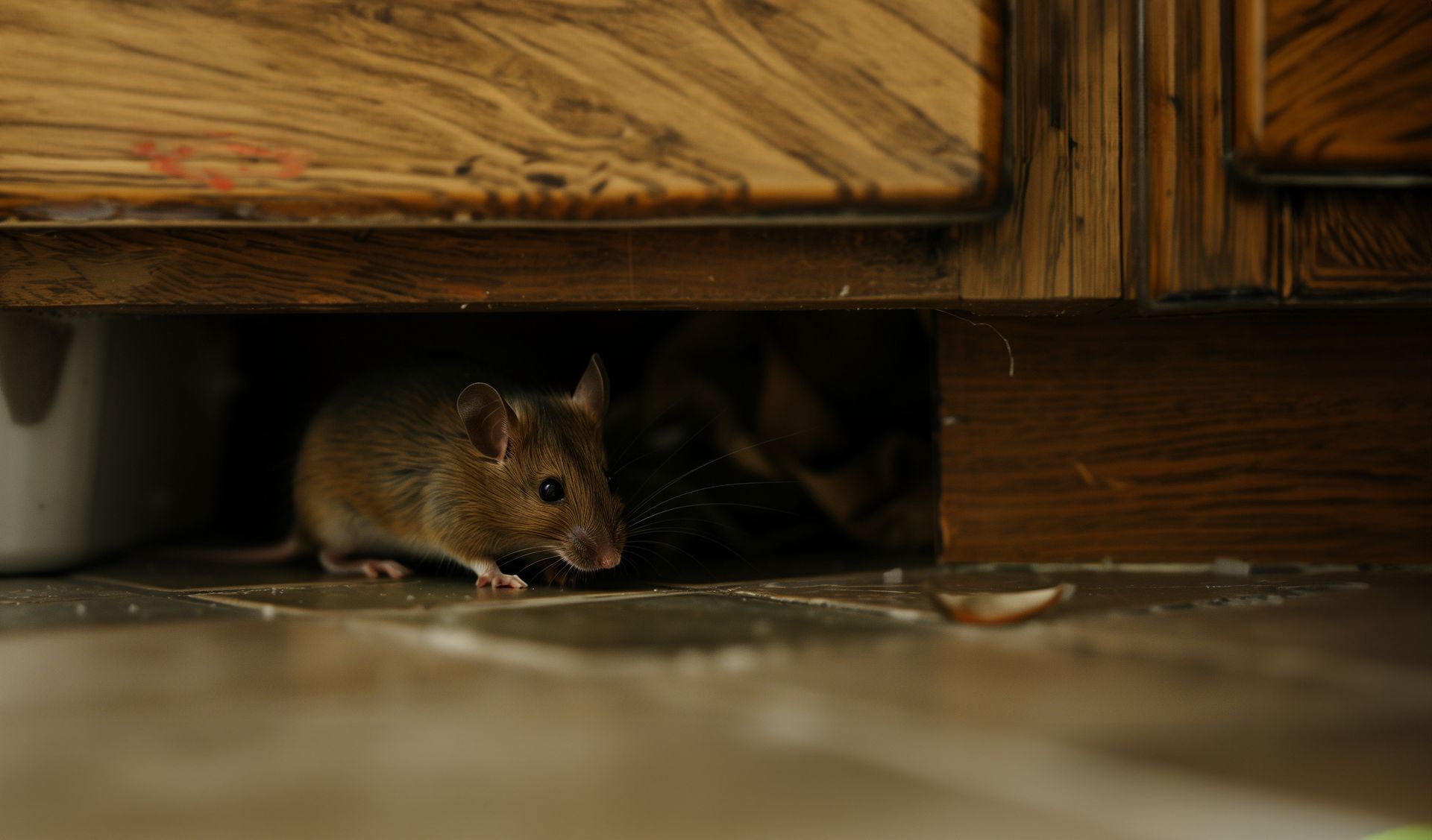 A mouse is sitting under a wooden cabinet.