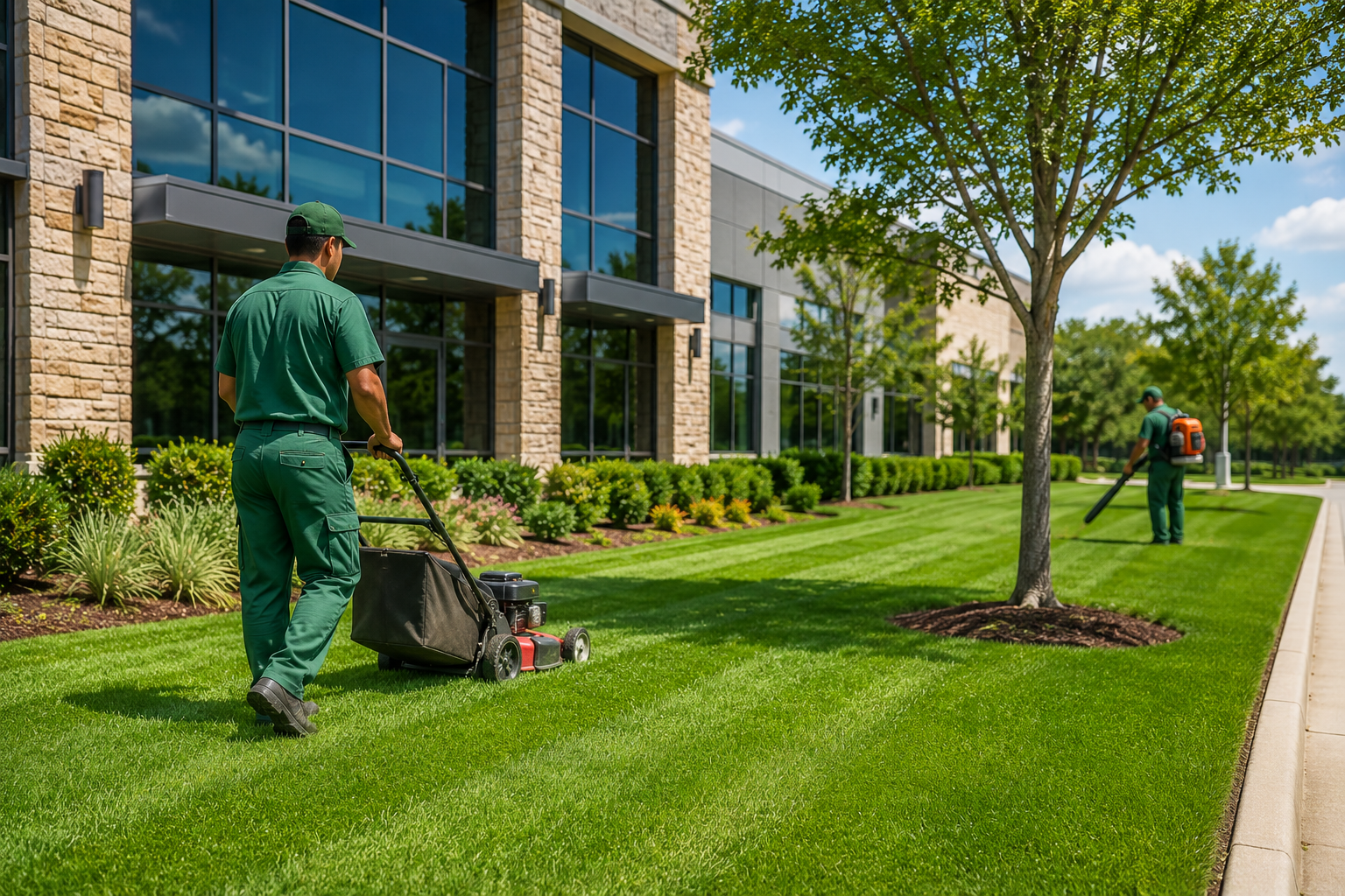 Landscapers mowing a manicured lawn beside a modern office building