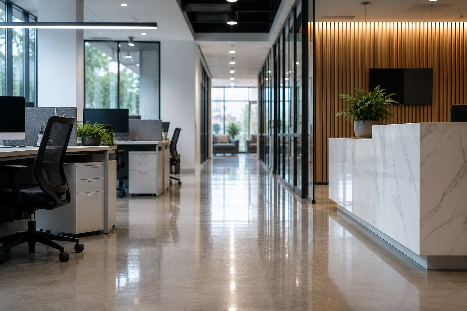 Modern office with several floor-cleaning machines and cleaning supplies on a carpeted floor
