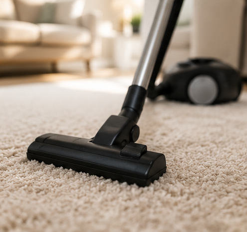 Vacuum cleaner nozzle on beige carpet in a living room