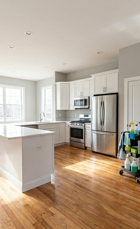 Bright modern kitchen with white cabinets, stainless steel appliances, and hardwood floors