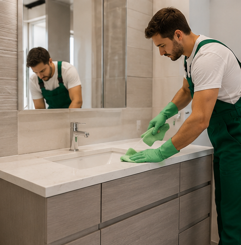 Cleaner in green gloves wiping a bathroom sink countertop beside a mirror.